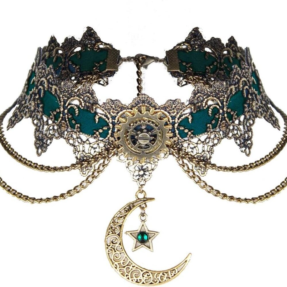 Women Steampunk Necklace Vintage Bronze Gold Moon Pendant Lace Choker